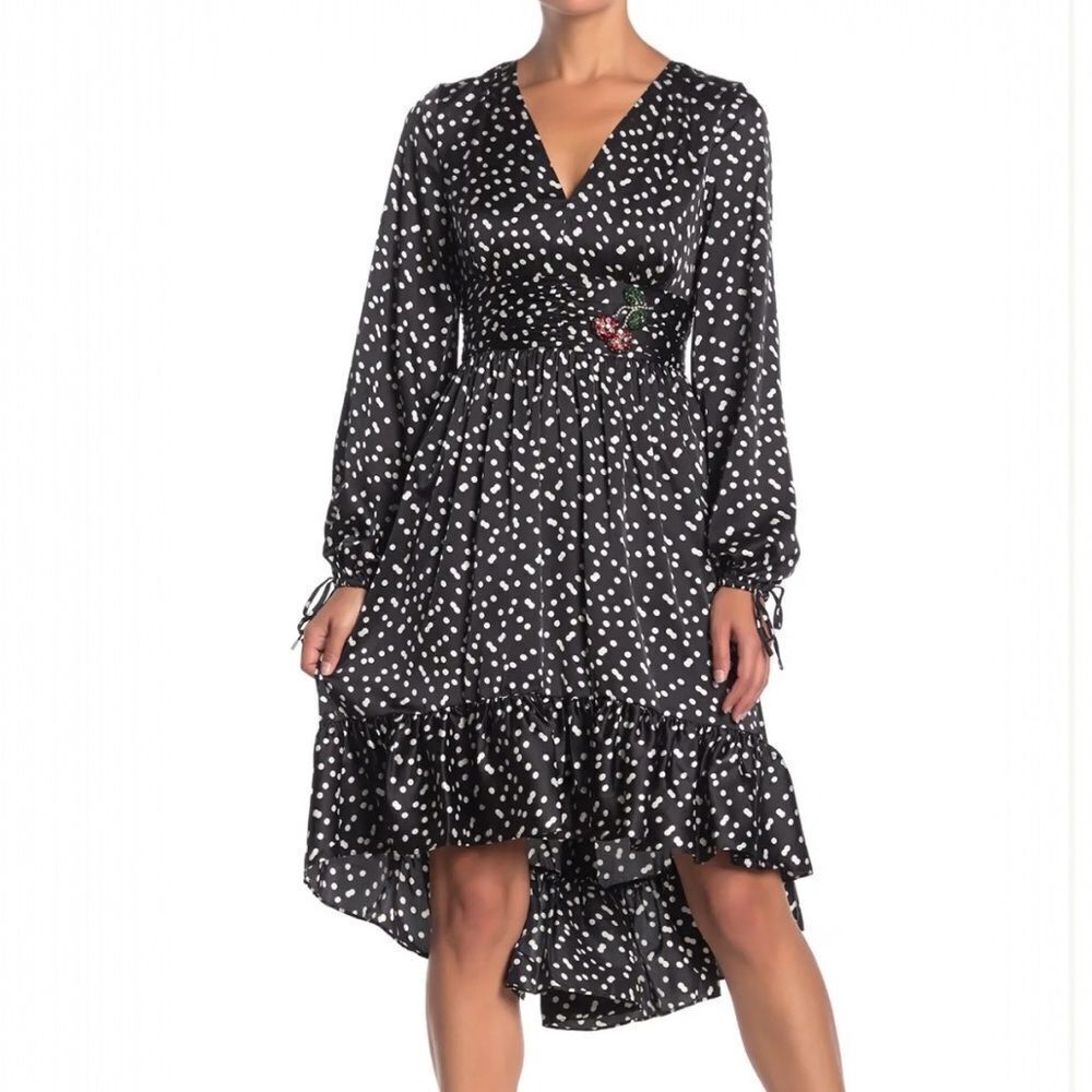 Betsey Johnson Polka Dot Hi-low Ruffle Cherry Brooch Black White Dress Sz 2 NWT
